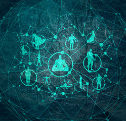 Social media network. Background with lines, circles and integrate athlete silhouettes. Connected symbols for digital, interactive and global communication concept.