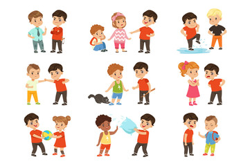 Brave children characters confronting hooligans set, bad boy bullying a smaller kid vector Illustrations on a white background