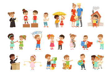 Cute little children protecting their family, friends, animals and the planet set vector Illustrations on a white background