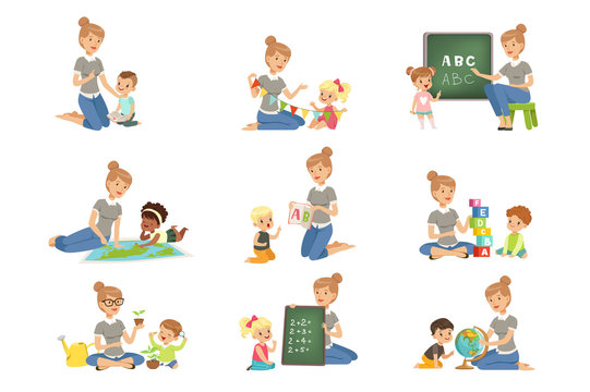 Cute little boys and girls playing and studying set, children study the alphabet, geography, biology, mathematics in kindergarten, pre primary school education concept vector Illustrations