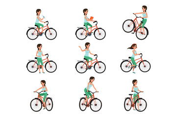 Fototapeta premium Girl riding on bike set, active lifestyle concept vector Illustrations on a white background