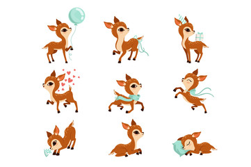 Flat vector set of cute fawn in different actions. Cartoon character of little deer. Adorable forest animal. Graphic design for postcard or print