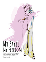 Hand drawn beautiful young woman. Stylish girl. Fashion woman sketch. Fashion model girl.