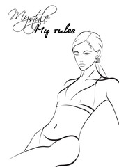 Sketch. The girl sunbathes on the beach. Vector illustration. Sexy young woman on white.