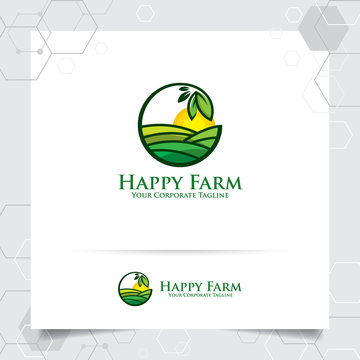Agriculture logo design with concept of leaves icon and plantation land vector. Green nature logo used for agricultural systems, farmer, and plantation products.