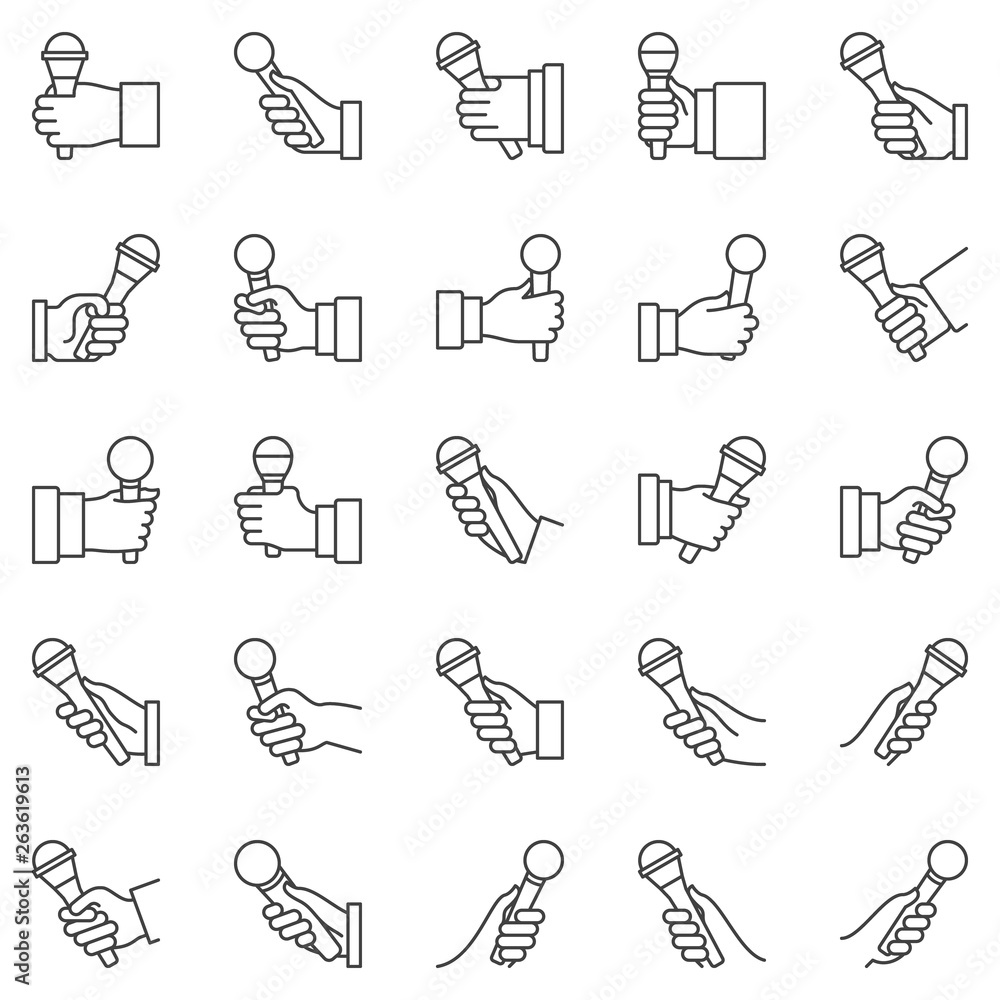 Poster microphone in hand outline icons set. collection of news or interview concept vector signs or design