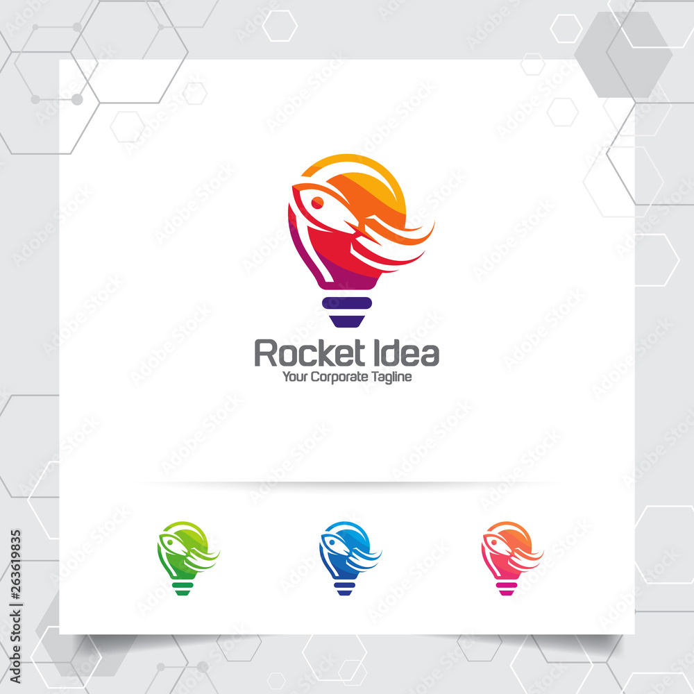 Poster rocket logo idea design concept of spaceship icon and colorful lamp vector. rocket bulb logo used fo