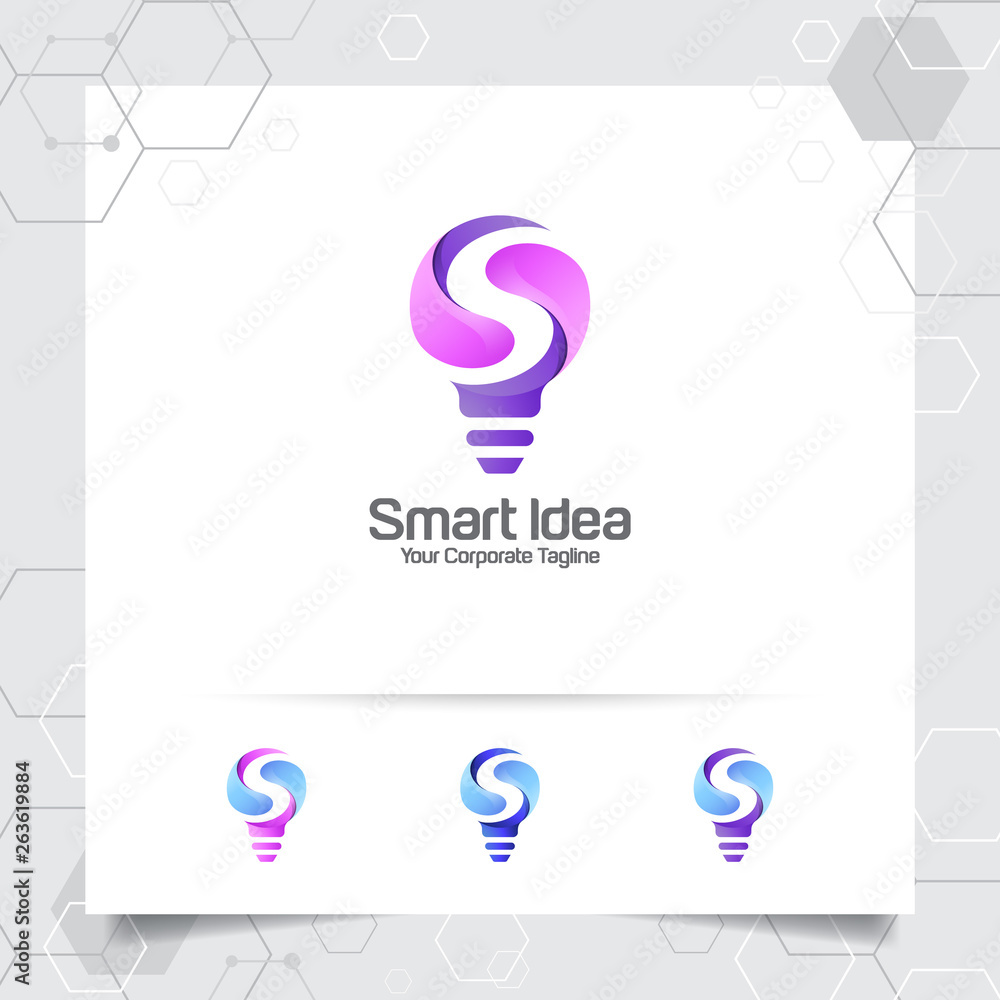 Poster bulb logo smart idea design concept of letter s symbol and colorful lamp vector icon. smart idea log