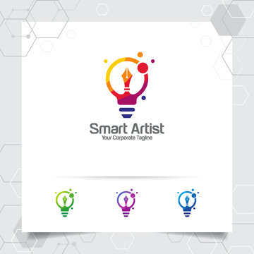 Writer logo bulb idea design concept of pencil icon and colorful lamp vector. Creative idea logo used for studio, professional and agency.