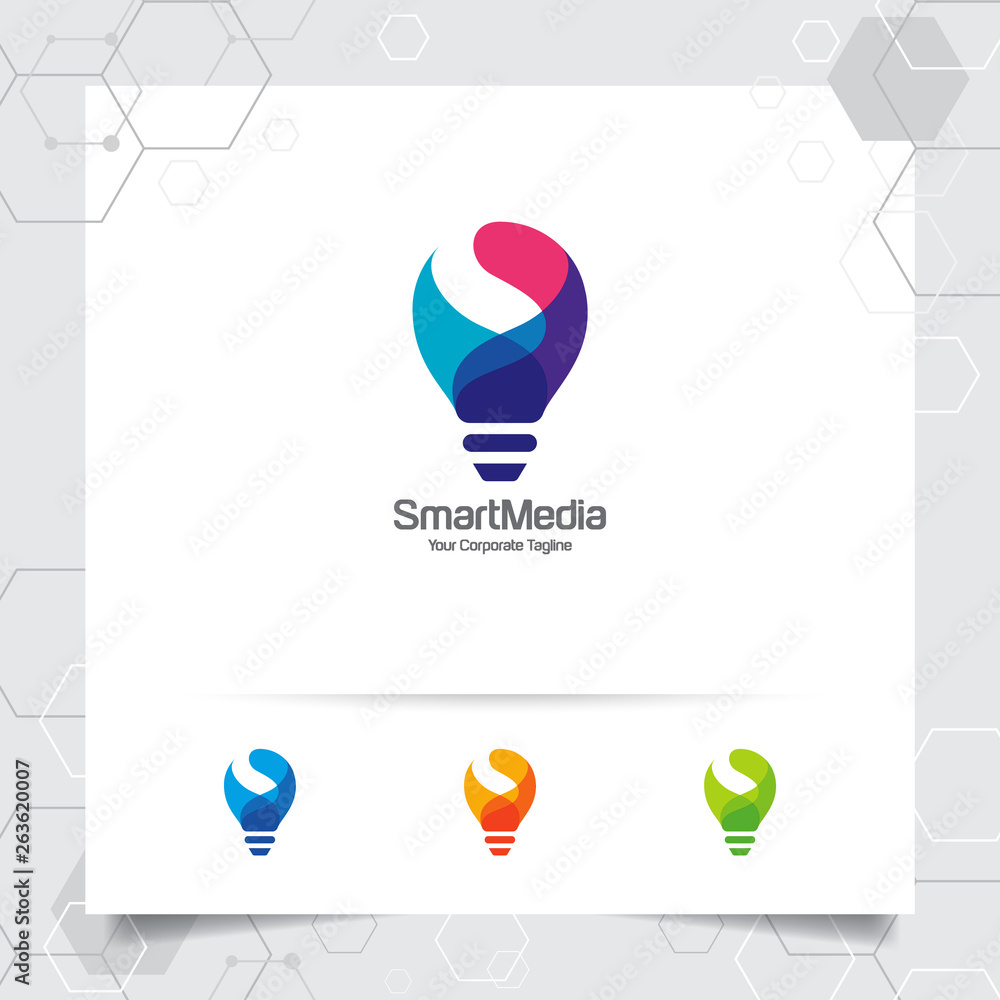 Poster bulb logo smart idea design concept of letter s symbol and colorful lamp vector icon. smart idea log