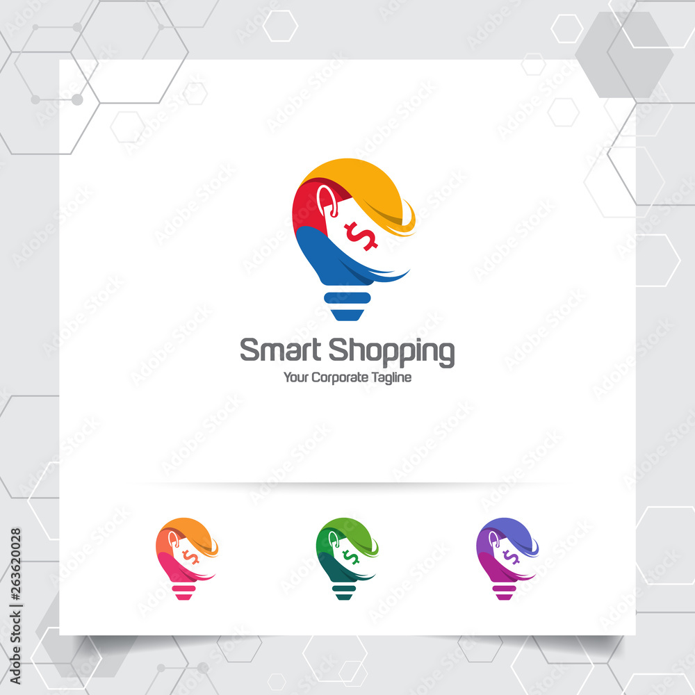 Poster bulb logo idea design concept of price tag symbol and icon lamp vector. smart idea logo used for stu