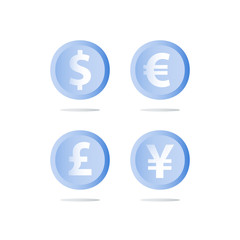 Money exchange, dollar, euro, pond and yen currency coins, cash loan, finance concept