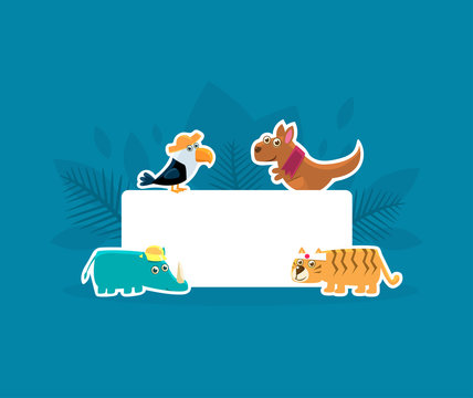 Cute Animals Holding Empty Banner, Toucan, Kangaroo, Rhino, Tiger Stickers with White Blank Signboard Vector Illustration