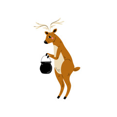 Deer Standing on Two Legs with Cauldron, Animal Character Having Hiking Adventure Travel or Camping Trip Vector Illustration