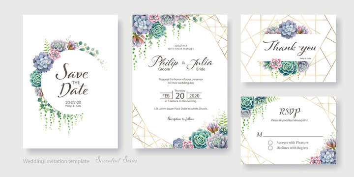 Greenery, succulent and branches Wedding Invitation card, save the date, thank you, rsvp template. Vector.