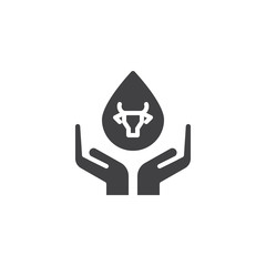 Drop of milk in hand vector icon. filled flat sign for mobile concept and web design. Cow milk drop and hands glyph icon. Dairy product symbol, logo illustration. Pixel perfect vector graphics
