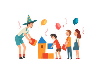 Happy Children Having Fun with Animator at Birthday Party, Entertainer in Funny Costume Playing with Kids Vector Illustration