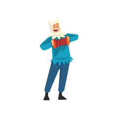 Male Entertainer in Festive Costume Playing Accordion Vector Illustration