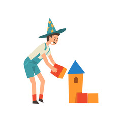 Male Animator in Funny Costume Performing Before Kids Birthday Party With Toy Blocks Vector Illustration