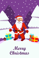  Funny Santa Claus character. Christmas tree with gift .Concept design festive card, banner. Flat vector. Greeting card.