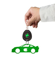 Green energy electric car and Eco-friendly environmental protection concept. Businessman hand holding electric car key with green leaves keyring in sports car shape, isolated on white background.
