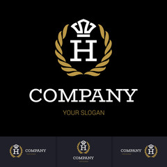 Illustration of Luxury Vintage Crest Logo with letter H in the Middle and Luxury Crown. Calligraphic Royal Emblems and Elements Logo Icon Template on Black Background