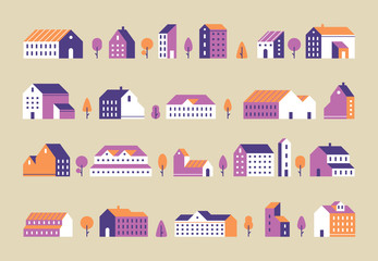 Minimalism town buildings. Geometric minimal residential houses, city building and urban house flat vector set