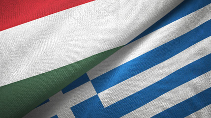 Fototapeta na wymiar Hungary and Greece two flags textile cloth, fabric texture