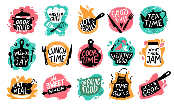 Cooking food lettering. Kitchen badge logos, baking foods typography and cook labels vector set