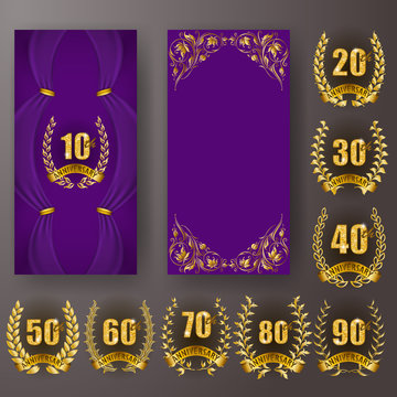 Set of anniversary card, invitation with laurel wreath, numbers. Decorative gold emblem of jubilee on purple background. Filigree element, frame, border, icon, logo for web, page design, vintage style