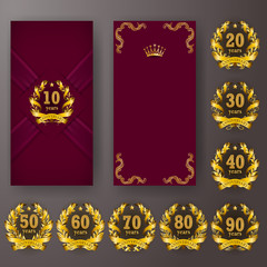 Set of anniversary card, invitation with laurel wreath, number. Decorative gold emblem of jubilee on maroon background. Filigree element, frame, border, icon, logo for web, page design, retro style