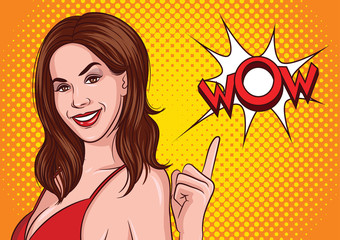 Color vector illustration of a pop art style of a beautiful young woman, smiling and pointing up. Advertising poster Sexy brunette in red dress points to wow sign. Portrait of an attractive lady