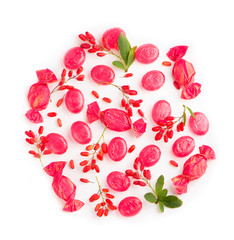 Bright red barberry berries and candy caramel