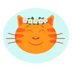 Illustration of a happy cute cat in a flower wreath