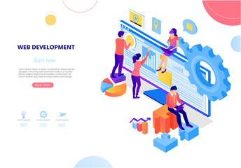 Web development. Landing page or homepage template with computer and people creating website.