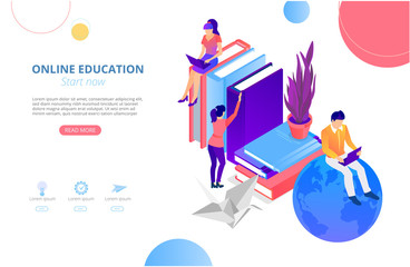 Online education. Background or homepage template with people studying remotely, flat style.