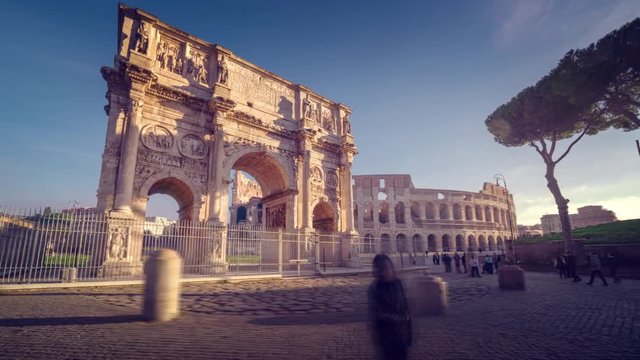 hyper lapse, Colosseum and Constantine arch at sunrise in Rome, Italy