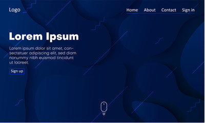Blue web homepage template with icons and abstract geometric pattern.