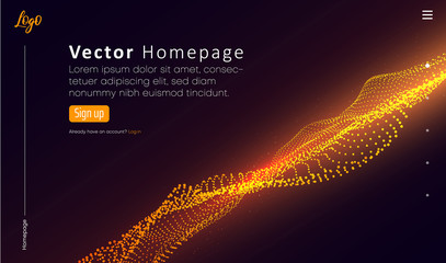 Web homepage template with icons and orange abstract digital neon pattern.