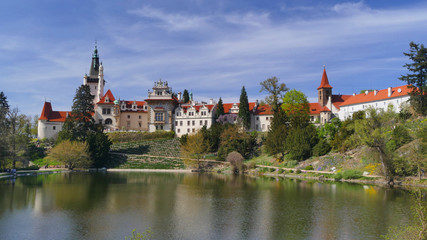 Fototapeta na wymiar Pruhonice Castle Unesco World Heritage Site panoramic view across lake, Prague, Czech Republic