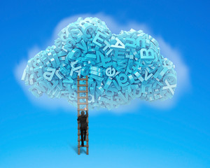 Big data and cloud computing concept.Businessman climbing wooden ladder to cloud of blue letters and numbers, isolated on blue background.