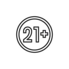 21 plus years old sign line icon. linear style sign for mobile concept and web design. Under 21 not allowed outline vector icon. Adults content symbol, logo illustration. Pixel perfect vector graphics