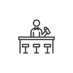 Bartender mixing cocktail line icon. linear style sign for mobile concept and web design. Barman and bar counter with chairs outline vector icon. Nightlife symbol, logo illustration. Pixel perfect