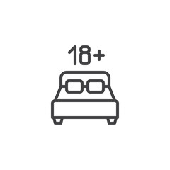 18 age content line icon. linear style sign for mobile concept and web design. Double hotel bed room with 18 number outline vector icon. Adults only symbol, logo illustration. Pixel perfect vector 