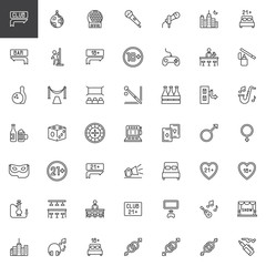 Night life line icons set. linear style symbols collection, outline signs pack. vector graphics. Set includes icons as nightlife party time, theater show, Bar counter, Night cityscape, Adults content