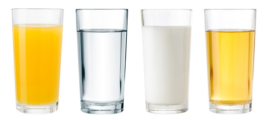 Juice, water and milk glasses isolated with clipping path included - Powered by Adobe
