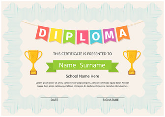Kid diploma, certificate. Vector. Preschool, kindergarten, school template graduation background. Winner blank with trophy cups, guilloche, award ribbon. Layout design. Cartoon illustration.