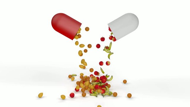 3D animation of a capsule with vitamins. The capsule is opened and fruits are poured out.