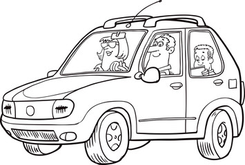 Family driving in car on weekend holiday. Vector flat illustration