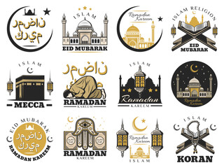 Muslim religion and Islam arabic culture signs - obrazy, fototapety, plakaty